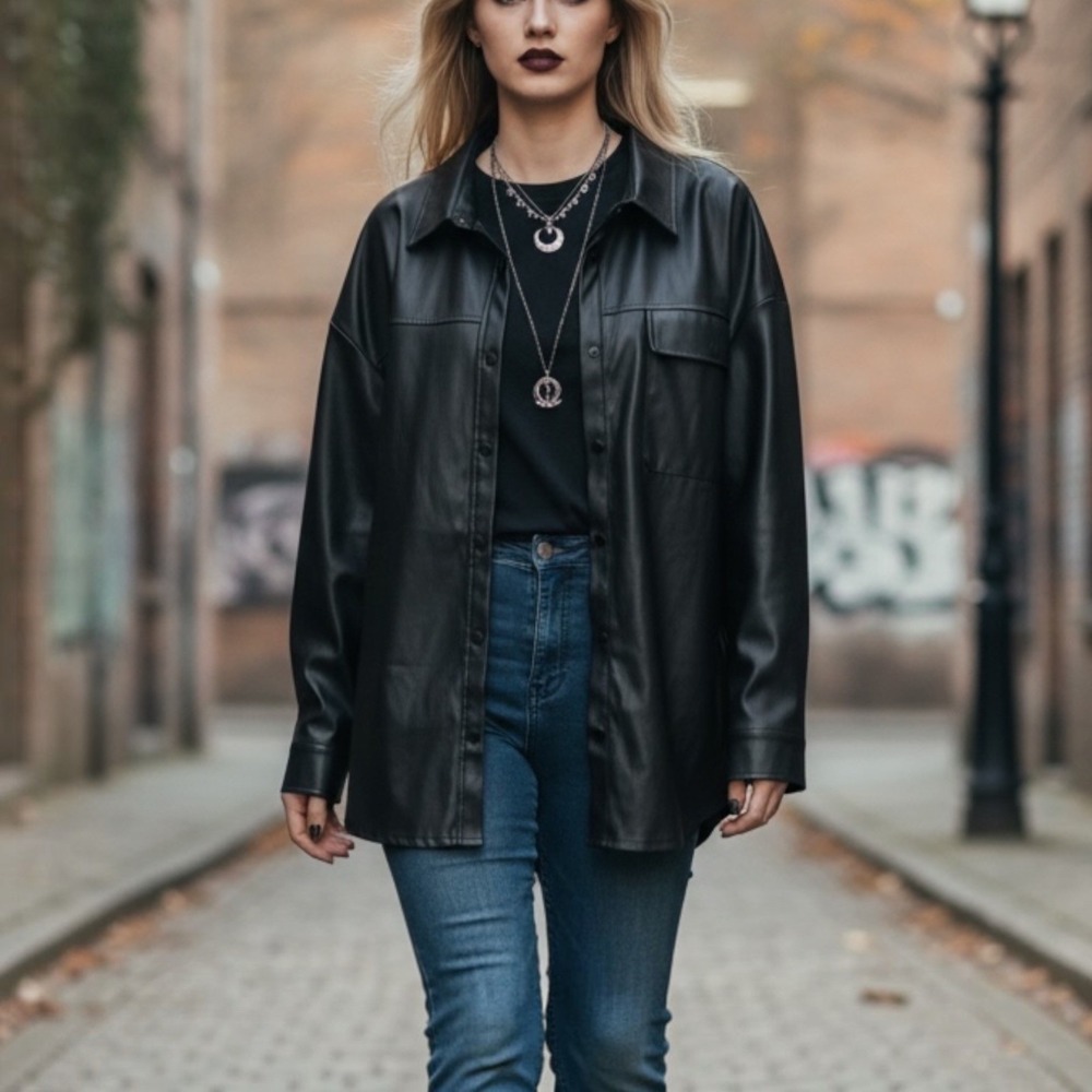 ASOS DESIGN Faux Leather Shacket Women's 14 Black Button Down Jacket Whimsigoth